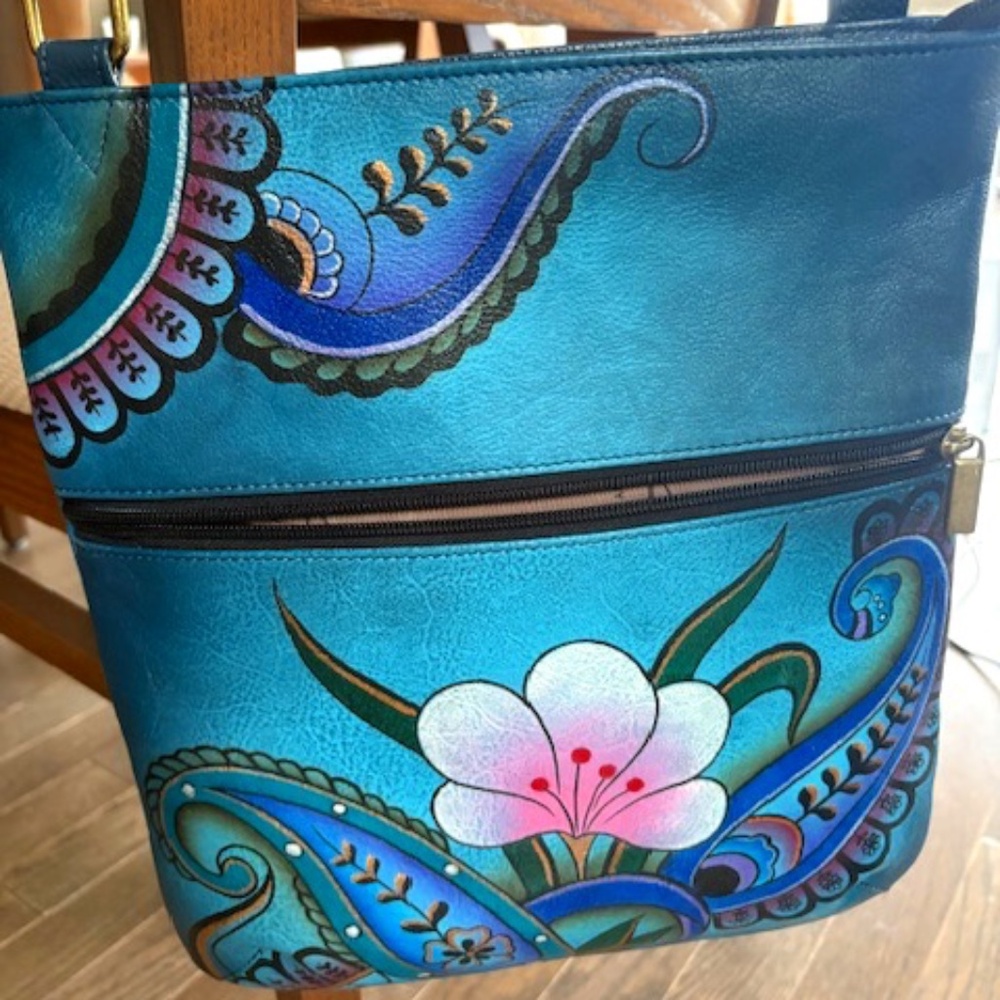 Anuschka Teal Blue Hand-Painted Floral Crossbody Bag